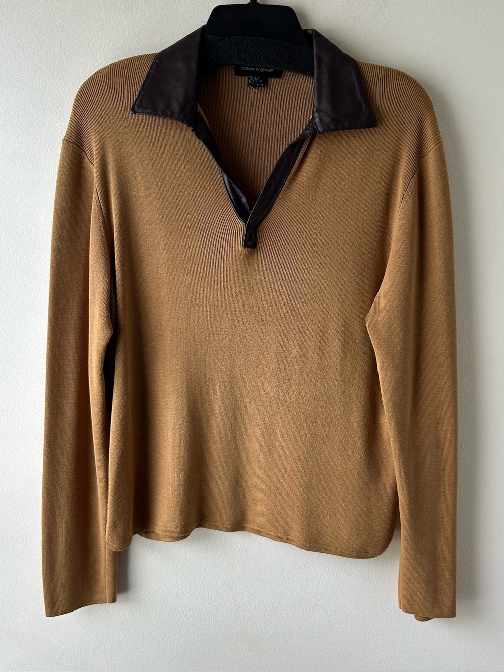 Vintage Cable & Gauge Silk-Cotton Leather V-Neck Sweater Tan Brown M